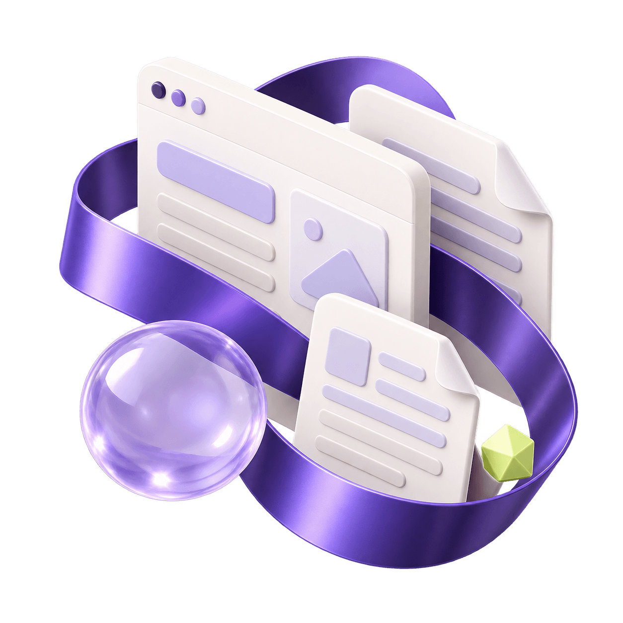 Sculptural lavender ribbon connecting floating editorial pages and a glass orb